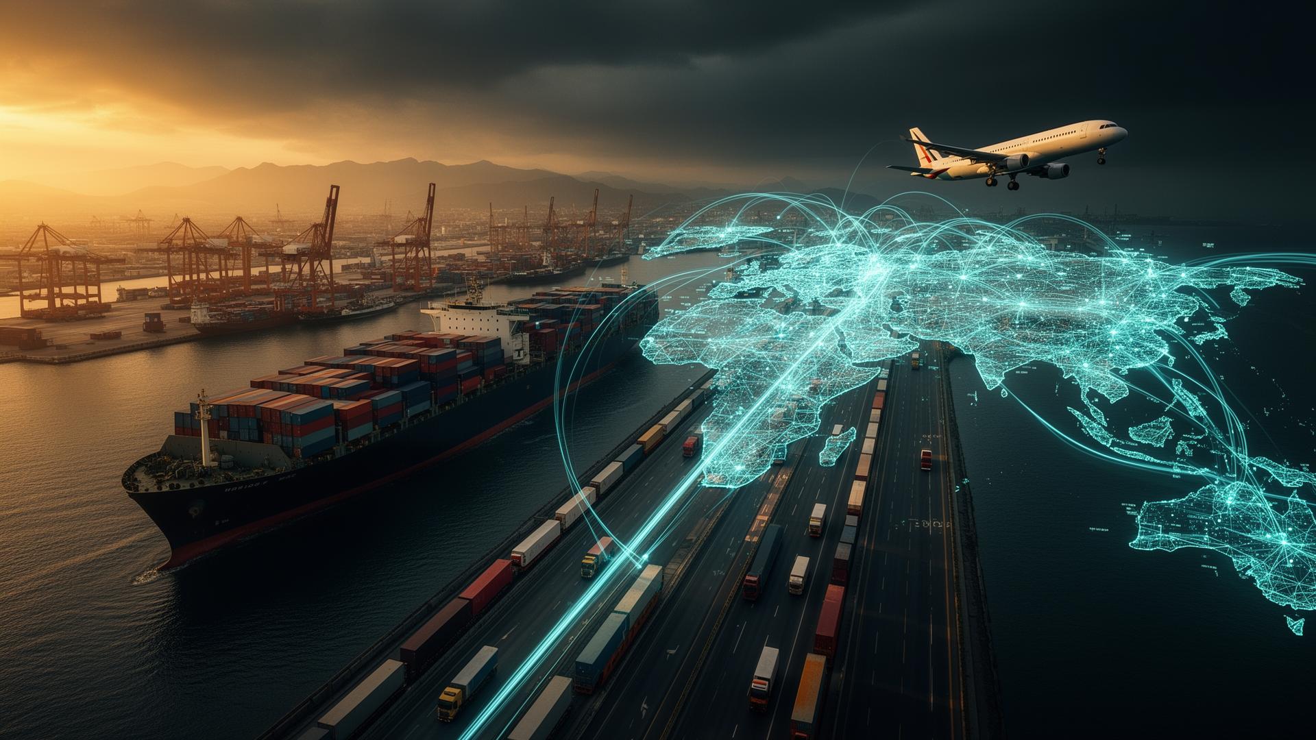 Global multi-modal logistics network — ports, freight aircraft, rail and road